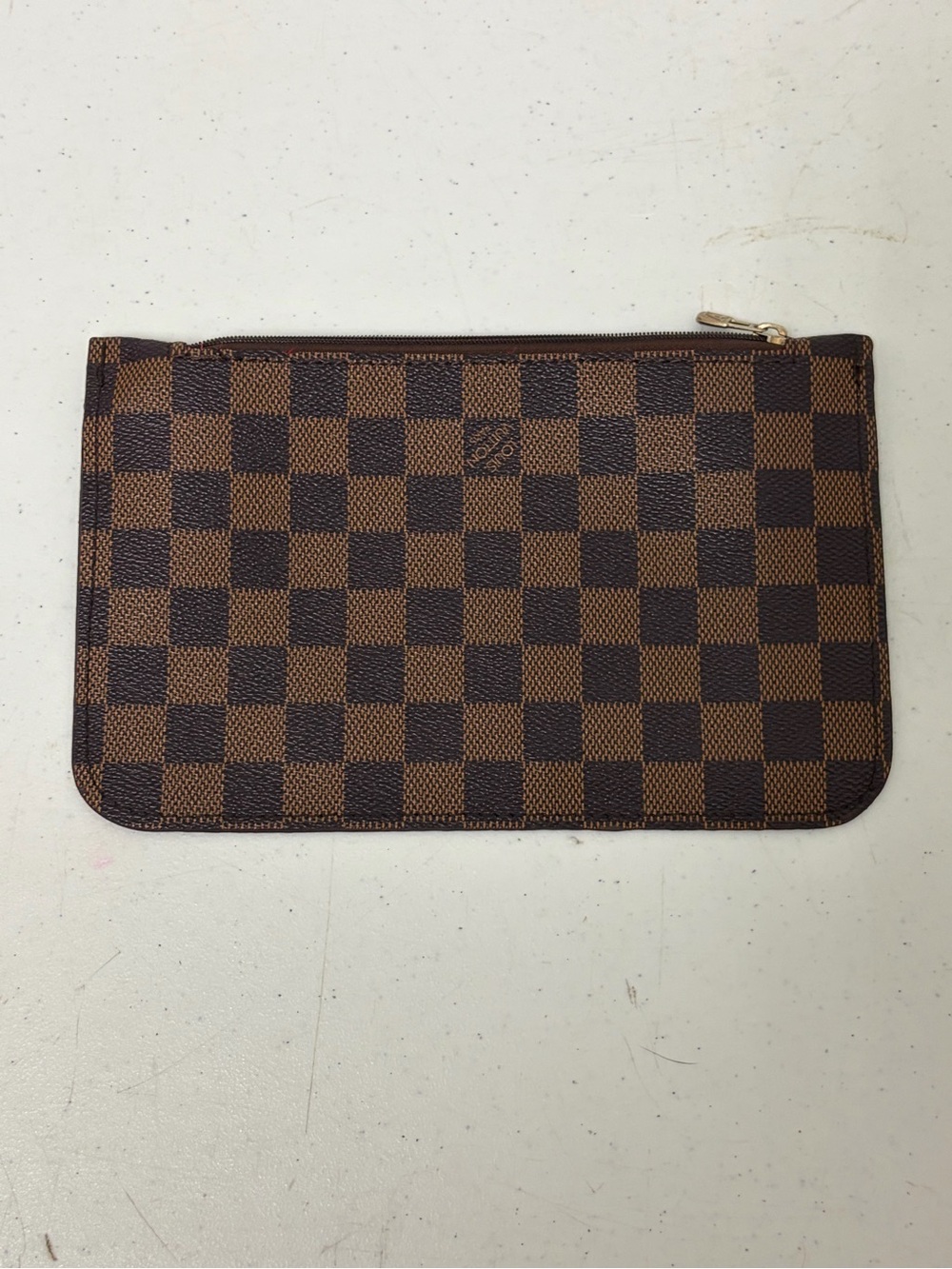 Louis Vuitton Brown Check Clutch with Gold-Tone Zip (damaged strap)